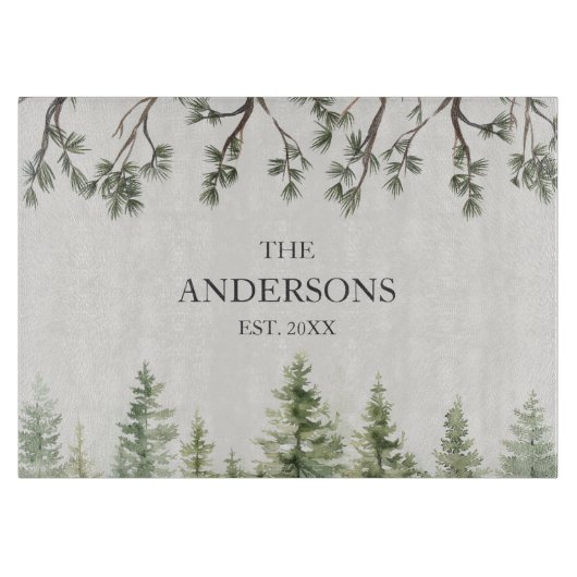 Monogram Wasserfarbe Rustikale Pinienbäume und -zw Schneidebrett (Vorderseite)