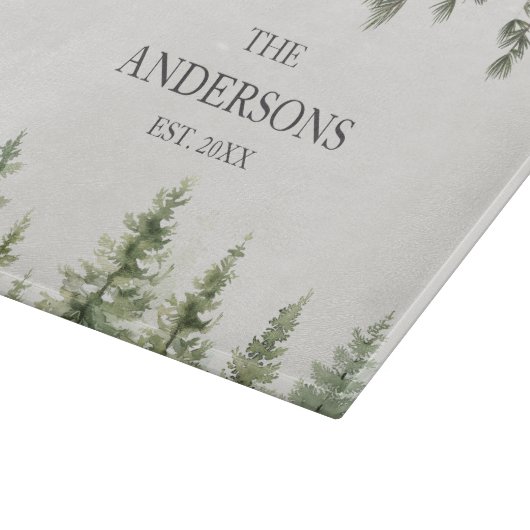 Monogram Wasserfarbe Rustikale Pinienbäume und -zw Schneidebrett (Ecke)