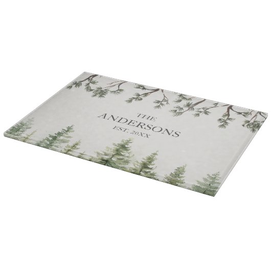 Monogram Wasserfarbe Rustikale Pinienbäume und -zw Schneidebrett (Ecke)