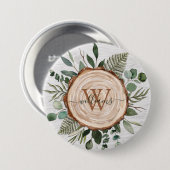 Monogram Wasserfarbe Rustikaler Holzschnitt und Fo Button (Vorne & Hinten)