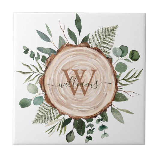 Monogram Wasserfarbe Rustikaler Holzschnitt und Fo Fliese (Vorderseite)