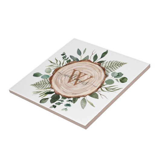 Monogram Wasserfarbe Rustikaler Holzschnitt und Fo Fliese (Seite)