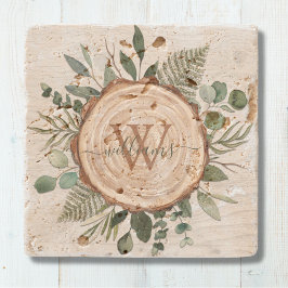 Monogram Wasserfarbe Rustikaler Holzschnitt und Fo Steinuntersetzer