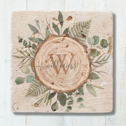 Monogram Wasserfarbe Rustikaler Holzschnitt und Fo Steinuntersetzer