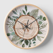 Monogram Wasserfarbe Rustikaler Holzschnitt und Fo Uhr (Vorderseite)