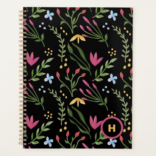 Monogram Wasserfarbe Wildblume Schwarz Botanisch Planer (Vorderseite)