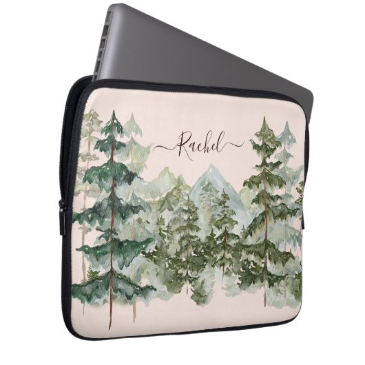 Monogram Wasserfarben Pine Forest Mountain Rustika Laptopschutzhülle (Vorne Rechts)