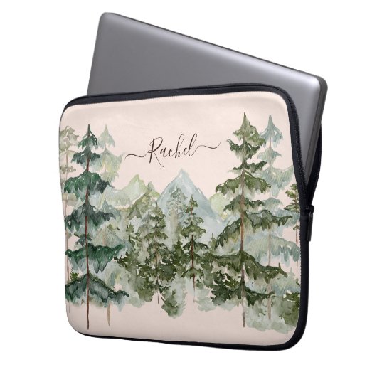 Monogram Wasserfarben Pine Forest Mountain Rustika Laptopschutzhülle (Vorderseite Links)