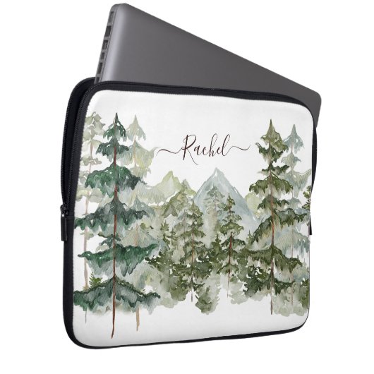 Monogram Wasserfarben Pine Forest Mountain Rustika Laptopschutzhülle (Vorne Rechts)