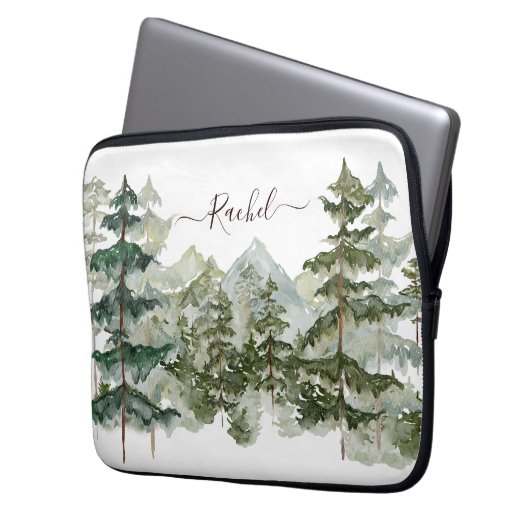 Monogram Wasserfarben Pine Forest Mountain Rustika Laptopschutzhülle (Vorderseite Links)