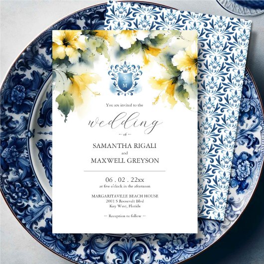 Monogram Watercolor Blue and Yellow Wedding Einladung
