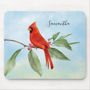 Monogram Watercolor Blue Green Kardinal Red Bird Mousepad