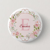 Monogram Watercolor Blush Pink Rose Flowers Floral Button (Vorderseite)