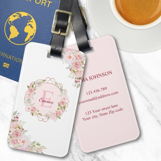 Monogram Watercolor Blush Pink Rose Flowers Floral Gepäckanhänger