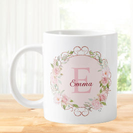 Monogram Watercolor Blush Pink Rose Flowers Floral Jumbo-Tasse