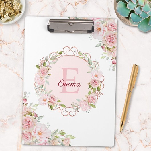 Monogram Watercolor Blush Pink Rose Flowers Floral Klemmbrett