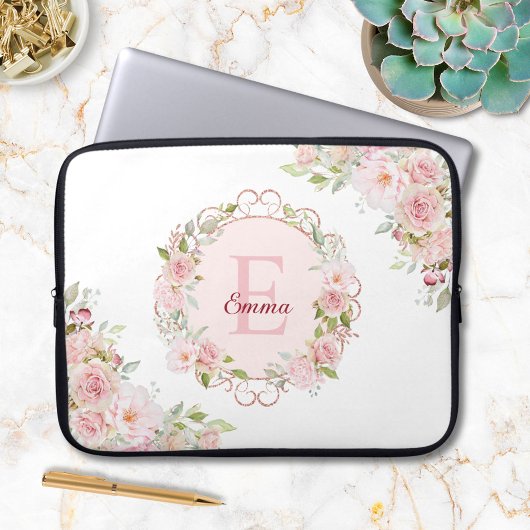 Monogram Watercolor Blush Pink Rose Flowers Floral Laptopschutzhülle