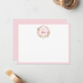 Monogram Watercolor Blush Pink Rose Flowers Floral Mitteilungskarte (Vorderseite/Rückseite Beispiel)