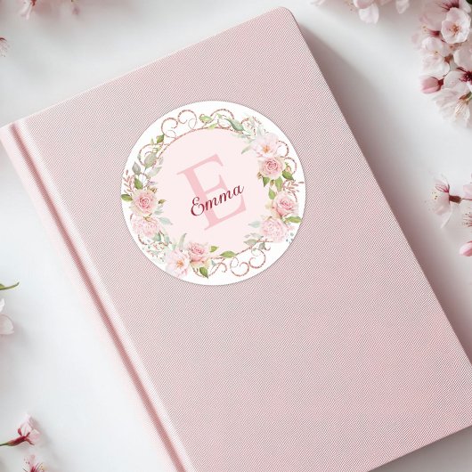 Monogram Watercolor Blush Pink Rose Flowers Floral Runder Aufkleber