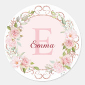 Monogram Watercolor Blush Pink Rose Flowers Floral Runder Aufkleber (Vorderseite)