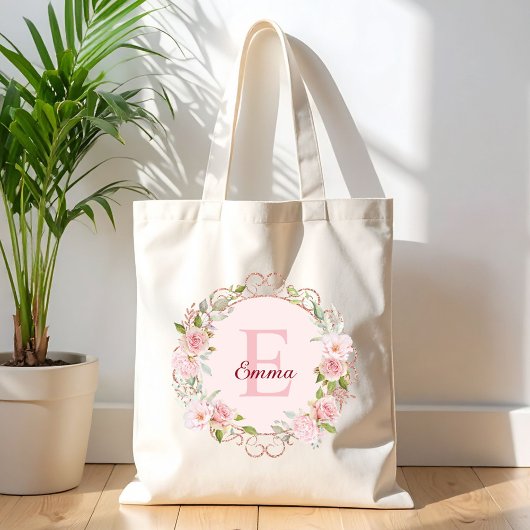 Monogram Watercolor Blush Pink Rose Flowers Floral Tragetasche