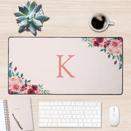 Monogram Watercolor Boho Pink Burgundy Floral Schreibtischunterlage