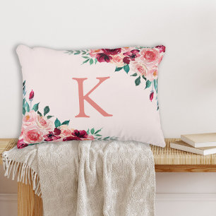 Monogram Watercolor Boho Pink Burgundy Rose Blume Dekokissen
