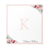 Monogram Watercolor Boho Pink Burgundy Rose Blume Notizblock (Vorderseite)