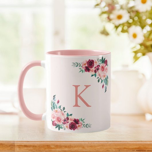 Monogram Watercolor Boho Pink Burgundy Rose Blume Tasse