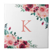 Monogram Watercolor Boho Pink Burgundy Rose Floral Fliese (Vorderseite)