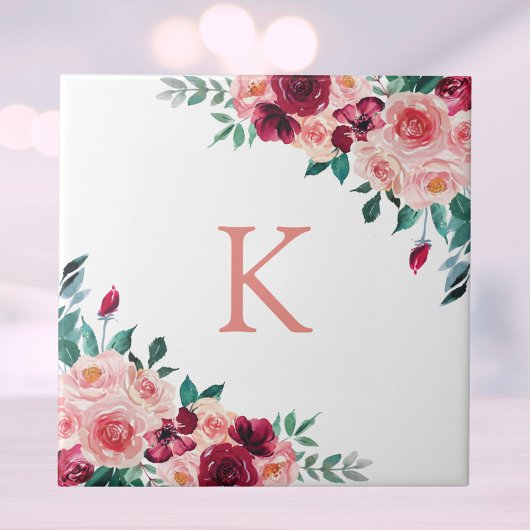 Monogram Watercolor Boho Pink Burgundy Rose Floral Fliese