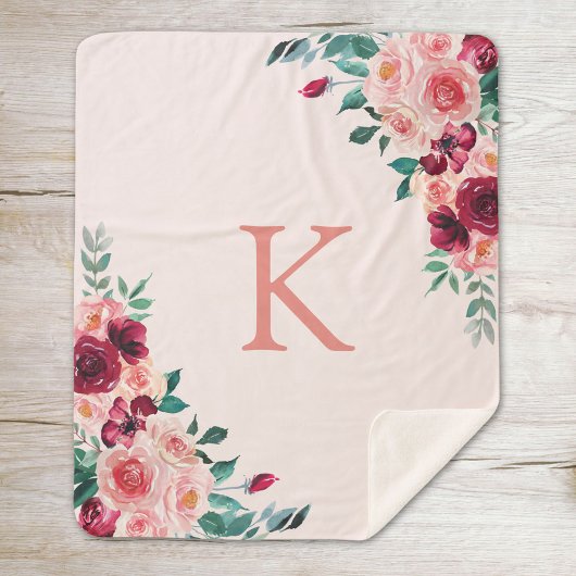 Monogram Watercolor Boho Pink Burgundy Rose Floral Sherpadecke