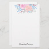 Monogram Watercolor Bouquet Pink Roses Blue Blätte Briefpapier (Vorne/Hinten)