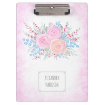 Monogram Watercolor Bouquet Pink Roses Blue Blätte