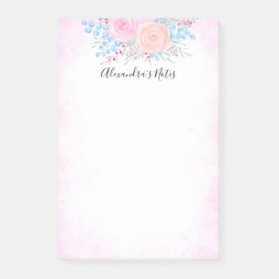 Monogram Watercolor Bouquet Pink Roses Blue Blätte Post-it Klebezettel