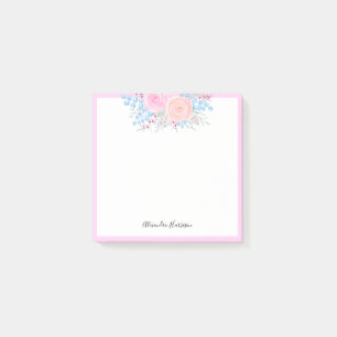 Monogram Watercolor Bouquet Pink Roses Blue Blätte Post-it Klebezettel