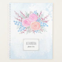 Monogram Watercolor Bouquet Pink Roses Blue Drops