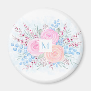 Monogram Watercolor Bouquet Pink Roses Blue Leaves Magnet
