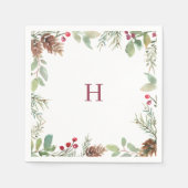 Monogram Watercolor Christmas Greenery Berry Serviette (Vorderseite)