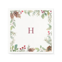 Monogram Watercolor Christmas Greenery Berry