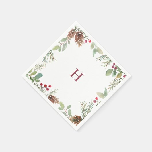Monogram Watercolor Christmas Greenery Berry Serviette (Ecke)