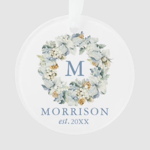 Monogram Watercolor Dusty Blue Floral Wreath Ornament