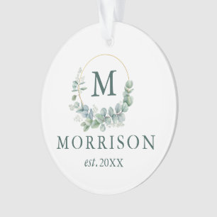 Monogram Watercolor Eucalyptus FOTO BACK Ornament
