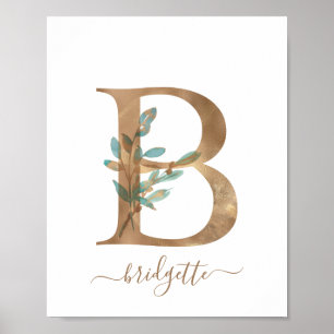 Monogram Watercolor Floral Gold Letter B Poster