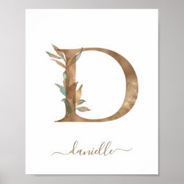 Monogram Watercolor Floral Gold Letter D Poster