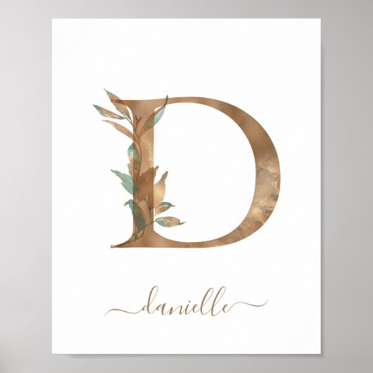 Monogram Watercolor Floral Gold Letter D Poster (Vorne)