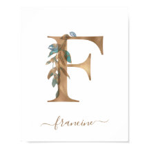 Monogram Watercolor Floral Gold Letter F Poster