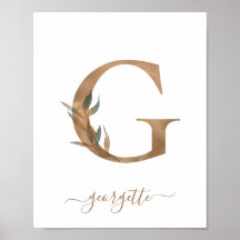 Monogram Watercolor Floral Gold Letter G Poster
