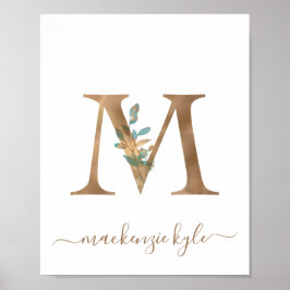 Monogram Watercolor Floral Gold Letter M Poster