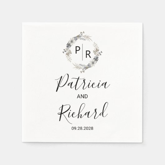 Monogram Watercolor Floral Wedding Serviette (Vorderseite)